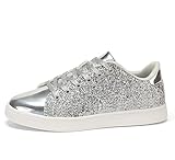 LUCKY STEP Womens Glitter Sneakers Lace up Fashion Sneakers Sparkly Casual Shoes for Women (Silver, 9US-40EU-7UK)