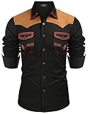 COOFANDY Men's Western Cowboy Shirt Embroidered Long Sleeve Slim Fit Casual Button Down Hippie Shirts with Pockets, Black, XXL