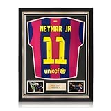 Exclusive Memorabilia Neymar Jr Signed Original Barcelona 2014-15 Football Shirt. Superior Frame Gold