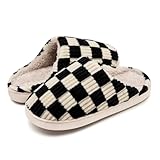 Guyarns Memory Foam Slippers for Women and Men - Fuzzy Checkered Anti-Skid Sole for Bedroom, Indoor and Outdoor Use (Black, 7/8 UK)