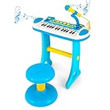 COSTWAY 31-Key Kids Electronic Keyboard with Stool, Microphone, Flashing Lights, Recording & Playback Function, Musical Instrument Toy Piano for Boys Girls (Blue)
