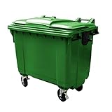 1100 Litre Wheelie Bin - Green, Largest 4 Wheeled Available, 4 x 200mm Swivel Castors With 2 Central Locking Brakes, Commercial & Industrial