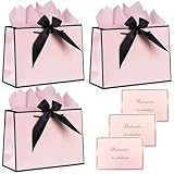 Wanheart 3 PCS Medium Pink Gift Bag with 3 Cards and 6 Tissue Paper, Present Bags with Handles, Luxury Paper Bags for Girls Womens Wedding Party Christmas Valentines Bridesmaid (Pink)