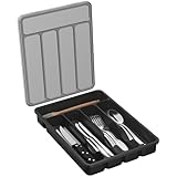 Lifewit Cutlery Drawer Organiser with Lid, Plastic Small Cutlery Tray for Kitchen Drawer, Utensil Flatware Silverware Holder Divider for Spoons Forks Knives Tableware, 5 Compartment, Black