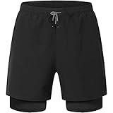HOPLYNN Mens Running 2 in 1 Sports Shorts Breathable Outdoor Workout Training Shorts with Pockets Black M