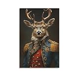 BoVrilyx Majestic Deer Canvas Wall Art Noble Stag in Military Uniform Poster Vintage Animal Portrait Print for Study Office Lodge Decor Classical Wall Artwork Gift 24x36inch(60x90cm) Unframed