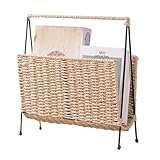 Laneryin Magazine Holder, Woven Magazine Rack with Iron Stand, Standing Basket Decorative Magazine Storage Rack, Book Basket for Newspaper, Letter, Files