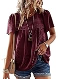 TUUHAW Summer Tops for Women UK Chiffon Flowy Swiss Dots Blouses for Women Cute Boho Pullover Round Neck Short Sleeve Loose Bubble Hem Basic Mulberry 2025 Peplum Clothes XL