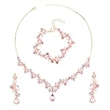 Yolev Rhinestone Wedding Jewelry Sets for Bridal Women's Crystal Necklace Bracelet Earrings Set Pink Gold Jewelry Set for Brides Bridemaid Prom Costume Accessories