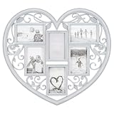 New Vintage Grey Heart Multi Photo Frame – Shabby Chic 6 Aperture Wall Frame with Fretwork, Distressed Finish & Heart Design N-67