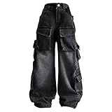 Girls Cargo Denim Pants Baggy Retro Jeans with Multiple Pockets for Teens Elastic Waist Wide Leg Bottoms Y2k Hip-Hop for Kids Casual Street-Style Trousers (Black, 11-12 Years)