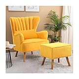 INMOZATA Armchair with Footstool Yellow Linen Fabric Occasional Accent Chairs Stunning Shell Wingback Tub Chair with Wood Legs for Living Room Bedroom Lounge (Yellow)
