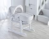 ELEGANT BABY White Dimple White Wicker Moses Basket with Deluxe White Rocking Stand, Adjustable Hood, Fibre Mattress & Padded Liner