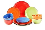 simpa 12PC Hand Painted Assorted Bright Colourful Stoneware Dinner Set. 4 Dinner Plates, 4 Side Plates & 4 Bowls. Dishwasher & Microwave Safe.