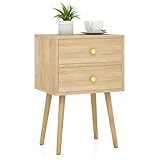 COSTWAY Bedside Table with 2 Drawers, Modern Nightstand End Sofa Side Table, Solid Wood Legs Accent Bedside Cabinet for Small Space, Living Room and Bedroom, 40x30x60cm (1, Oak)