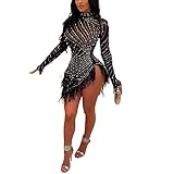 enheng Women's Sparkly Rhinestone Dress, Sexy Long Sleeve Cocktail Dress with Tassel Club Night Dress
