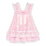 Satini Lingerie Satin Sissy Babydoll Ruffles Frilly Lace Nightie Negligee Cosplay Nightwear Dress (Baby Pink - White, XL)