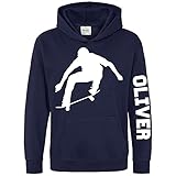 Custom Name Skateboard Kids Hoodie, Personalised Text Gifts For Boys and Girls, Unique and Cool Birthday Christmas Skater Hoody, Hooded Skating Kickflip Jumper Gift, 9-11 Years, Navy