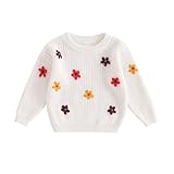 Vioyavo Newborn Toddler Baby Girls Sweater Floral Embroidery Long Sleeve Round Neck Knitted Pullover Fall Winter Warm Jumper Sweater Tops (White, 9-12 Months)