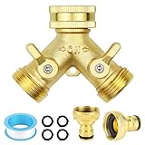 2 Way Brass Garden Tap Splitter, Outside Tap Splitter, Double Way 3/4'' Garden Hose Splitter with 2 Quick Connector, Individually Controllable Valves, for Outdoor & Garden Irrigation