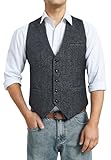 HISDERN Mens Waistcoat Tweed Waistcoats for Men Formal Suit Vest Herringbone Waistcoats Charcoal Grey L