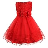 Discoball Girls Princess Dress Rose Flower Bow Tie Party Dresses Tulle Wedding Dresses Bridesmaid Christening Elegant Formal Dress for Girls Red
