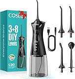 COSLUS Water Teeth Flosser Picks: 4 Modes Cordless Irrigator 300ML Portable Electric Flossing Machinerie for Teeth Cleaning Rechargeable Waterproof Tooth Pick Set Cleaner for Travel Home C30(FC5360)