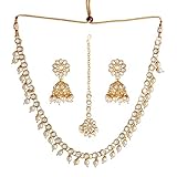 Jwellmart Gold Polish Faux Kundan Bridal Wedding Choker Necklace Earrings Tika Combo Set Bollywood Party Traditional Fashion Indian Jewelry Jewellery Set for Women, Stone
