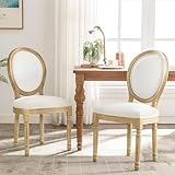 HomeMiYN French Dining Chairs, Upholstered Linen Fabric Chair with Round Back, Retro Elegant Classic Kitchen Chairs with Carved Legs for Dining Room Living Room,Set of 2(Beige)
