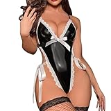 ROSVAJFY Women’s Wet Look Teddy Lingerie Leather Lace Trim Backless Bodysuit Sexy Maid Cosplay Outfit Deep V High Cut Leotard Servant Roleplay Halloween Costume Clubwear