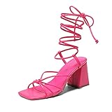 DREAM PAIRS Women's Lace Up Heels Strappy Block Heel Square Open Toe Chunky Sandals for Party Travel Date,Size 7.5,Hot Pink,SDHS2380W