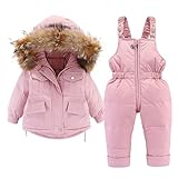 semen Unisex Baby Kids Two Pieces Ski Outfits Winter Warm Puffer Snowsuit Jacket Faux Fur Hoodie Outerwear Coat with Snow Down Bib Overalls Pants 1-5 Years