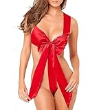 ROSVAJFY Women’s Naughty Satin Bowknot Teddy Lingerie, Red Unwrap Me Sexy Babydoll Underwear, Ladies Big Bow Valentine's Day Gift Bodysuit, Cute Backless One Piece Sleepwear (Red)