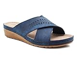 Womens Slip On Sandals Backless Low Wedge Open Toe Mules Summer Fashion Beach Slides Flip Flops (Navy, UK Footwear Size System, Adult, Women, Numeric, Medium, 4)