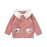 Geagodelia Baby Girl Knit Cardigan Doll Collar Knitted Crochet Button Tops Fall Winter Warm Sweater Coat Chicken Embroidery Clothes (Pink, 6-9 Months)