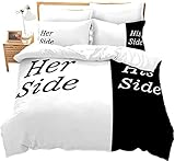 Loussiesd Her Side His Side Bedding Set Double Size White Black Couples Comforter Cover for Women Women Lovers Microfibre Duvet Cover Set Soft Breathable Bed Linen Room Decoration Zip