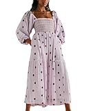 Yoisdtxc Women 's Smocked Square Neck A Line Flowy Maxi Long Dress Flower Print Half Sleeves Backless Embroidery Loose Swing Dress (Purple, M)