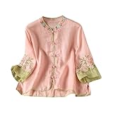 TURWXGSO 3/4 Sleeve Tops for Women Embroidered T-Shirt Linen Blend Blouse - Boho Loose Fit Summer Women Vintage Cheongsam Shirts Hanfu Chinese Traditional Tang Suit Button Up Blouse M-3XL