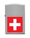 Zippo Windproof Lighter - Swiss Flag Model - Brushed Chrome with Colour Image - Refillable - Reusable - Windproof Design - Gift Box - Made in USA
