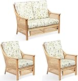 Desser Chester 2-Seater Sofa & 2 Armchairs Conservatory Set – Fully Assembled Indoor Rattan Suite – Luxury Real Cane Wicker Settee Suite with UK Made Lily Floral Cushions