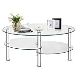Multigot Tempered Glass Coffee Table, 3-Tier Cocktail Center Table with Open Shelf and Heavy-duty Steel Frame, Oval Snack Tea Sofa Side End Table for Living Room Office (Transparent)