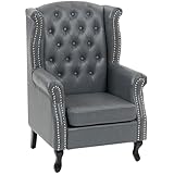 HOMCOM Wingback Armchair, PU Leather Fireside Chair, Button Tufted Accent Chair for Living Room, Bedroom, Home Office, Grey