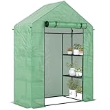 Outsunny Walk In Greenhouse with Shelves, Portable Gardening Plant Grow House for Outdoor with 2 Tier Shelf, Roll-Up Zippered Door, PE Cover, 141 x 72 x 191cm, Green