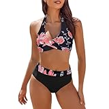 Women Bikini Set Swimwear High Waist Halter Neck Removable Soft Cups Push up Swimsuit 2 Piece High Waisted Bikini Sets for Women UK Cross Front Bikini Sets with Boyshorts Red