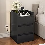 YITAHOME Bedside Table with 3 Drawers and Power Station, Modern Nightstand End Table, Water-Resistant Storage Side Table for Living Room and Bedroom, 35 x 40 x 59cm (Black)