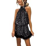 Women Glitter Sequins Short Dresses Sparkly Halterneck Sleeveless Ruffled Feather Hem Cocktail Prom Dress Womens Evening Dresses Backless Rave Outfits 50s Dresses Clubbing Outfits for (Black, XL)