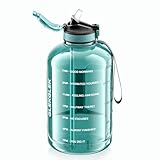 GLEKGLEK Large Water Bottle 3l with Straw Leakproof Cap Motivational Time Marker Bpa Free Drinking Jug with Handle for Gym Sports (Cyan)