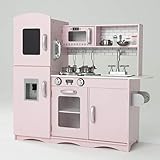 KIDOZ Signature Kids Wooden Kitchen, Large Pretend Role Play Kitchen With Realistic Oven, Microwave and Sink With Taps, Kitchen Playset With Sounds And Lights For Kids (Pink Kitchen With Utensils)