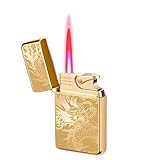 JETSPEC Jet Lighter with cool RED FLAME and Gold Dragon Pattern, Refillable Gas Torch Butane Lighter, Windproof Lighter with Adjustable Jet Flame for BBQ, Candle, Men Gifts (Butane not included)
