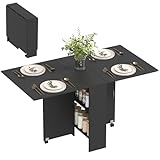 HOMCOM Folding Dining Table, Drop Leaf Table with 2-Tier Shelves, Rolling Casters, for Small Spaces, Kitchen, Black